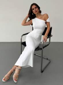 Firerie New Elegant Asymmetric Shoulder Ruffle Metal Decor Waist Pleated Slim Fit White Maxi Dress, Romantic Date For Valentine's Day,Graduation,Teacher Outfits For Women,Teacher Dress - White - View 3