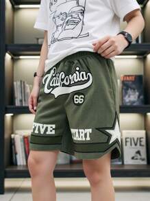 Young Boy Cool Letter Embroidered Shorts, Summer Kids Clothes Boys Shortskids Shorts For Boysshorts For Kids Boygetaway,Holiday,Travel,Relax,Sunbathing,Summer - Army Green - View 4