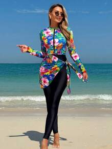 SHEIN Swim 2PCS Summer Tropical Leopard Print Random Pattern Long Sleeve Swimsuit And Printed Beach Skirt Burkini Set - Multicolor - View 3