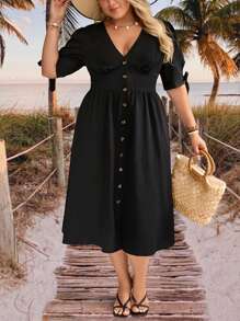 SHEIN VCAY Plus Size Plain Color Simple Stylish Short Sleeve Dress, Suitable For Summer - Multicolor - View 3