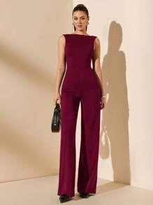 SHEIN BAE 纯黑色优雅性感露背系带蝴蝶结无袖超宽腿连体裤，百搭日常装扮，约会，外出，派对，优雅，不对称宽腿连体裤，情人节连体裤，日常连体裤，精致连体裤 - 酒紅色 - 查看 2