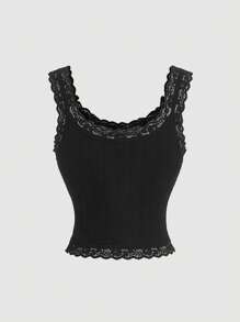 SHEIN MOD 黑色蕾丝边提花纹理蝴蝶结装饰吊带背心