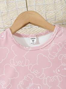 2pcs Young Girls Flame Retardant Cute Bear Print Casual Short Sleeve Top & Pants Pajama Set - Pink - View 6