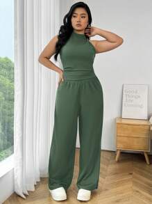 Solflare 2pcs Plus Size Women Olive Green Fitted Tank Top And Pants Set - Army Green - View 3