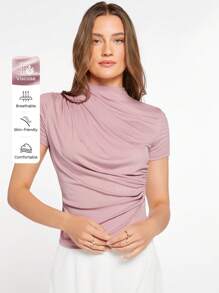 BizChic Women's Slim Fit Casual Solid Color Stand Collar Ruched Short Sleeve T-Shirt, Elegant Office Wear - Dusty Pink - View 2