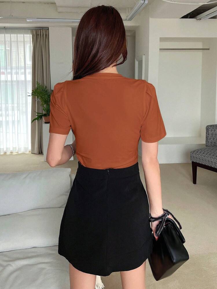Women's Solid Color Puff Sleeve Short Sleeve T-Shirt,Crop Tops Women