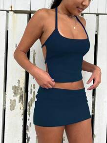INAWLY 2pcs Women Solid Color Backless Camisole Top And Mini Skirt Set - Navy Blue - View 1