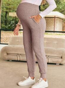 SHEIN Women's Dusty Pink Knitted Maternity Pants: Comfortable And Stylish Full Length Casual Pregnancy Trousers With Pockets - Dusty Pink - View 3