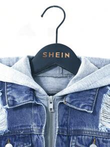 SHEIN Tween Boy 2pcs/Set Y2k Fashion Casual Blue Denim Cut Out Ripped Frayed Splicing Design Short Sleeved Grey Knit Hooded Denim Jacket Top And Stretch Skinny Kids Jeans For Boy Costume Dailywear And Kids Summer Clothes