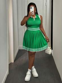 Slaydiva Plus Size Women Casual Sports Tennis Style Striped Two-Piece Set,Holiday Outfits