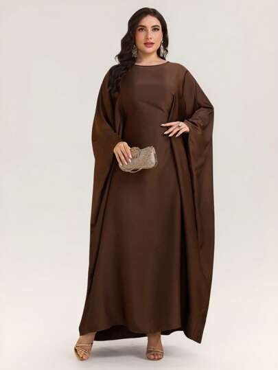 Veilorie Vestido holgado de estilo árabe de unicolor, cuello redondo y mangas de murciélago para mujer de talla grande, modesto