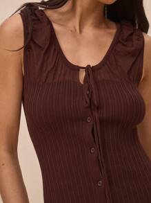 MUSERA Scoop Neck Tie Front Rib Knit Pleated Hem Mini Dress Summer Outfits Spring - Coffee Brown - View 2