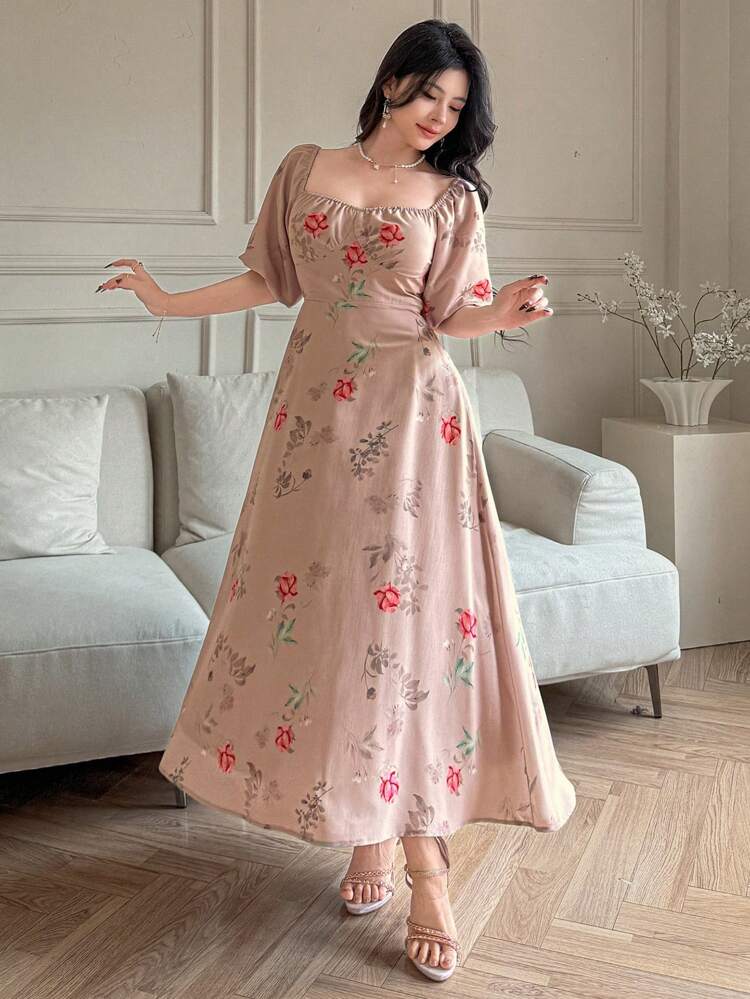 Women's Square Neck Floral Print Short Sleeve Dress Sundress