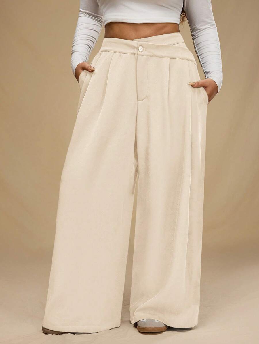 Forever 21 Plus Size Asymmetric Waistband Single-Button Pocket Loose Trousers
