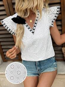 Breezaya Women's Casual Vacation Elegant Cute Faux Linen Eyelet Embroidery Ruffle V-Neck Spliced Lace Trim Cap Sleeve Loose Cap Sleeve Blouse, Spring/Summer Romantic Elegant Concert Going Out Tops Boho Concert Women White And Black Contrast Blouse