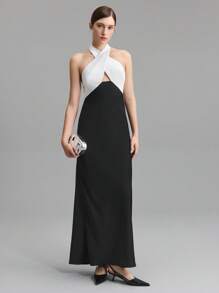 Ontre 女士无袖挂脖式拼色 A 字形连衣裙，塔夫绸轻质派对礼服，春夏