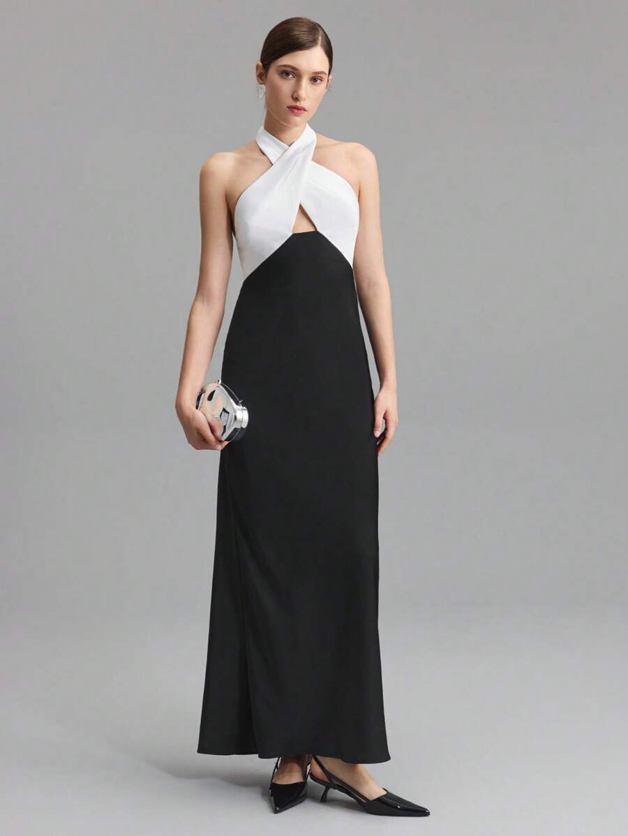 Ontre 女士无袖挂脖式拼色 A 字形连衣裙，塔夫绸轻质派对礼服，春夏