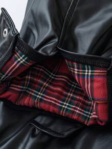 SHEIN MOOSTA 大码女式黑色皮革拼接红色格子面料摩托车街头夹克 - 黑色 - 查看 7