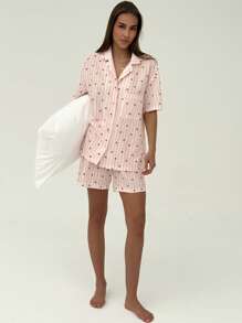 Aloruh 2 件女士条纹心形印花短袖短裤套装 - 粉色 - 查看 2