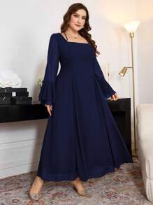 Modelyn 1 件女式大码荷叶边长袖系带修身雪纺连衣裙，春秋季长款女士装长款晚礼服