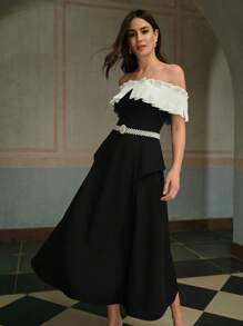 ZEYLAH 女式拼色露肩简约时尚连衣裙 - 黑與白 - 查看 3