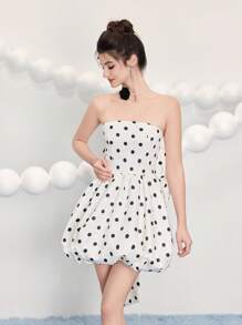 Poshira Women Woven Polka Dot Short Bustier Party Dress, Luxury Evening Short Dress, Music Festival Spring/Summer, Wedding Guest Dress, Prom Dress - Apricot - View 3