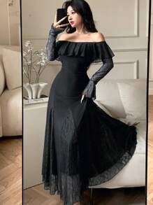 DAZY Women's Sexy Wrap Midi Dress, Spring/Summer Elegant,Ruffle - Black - View 6