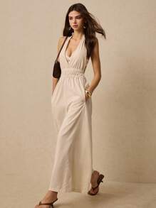 Poéselle V-Neck Jumpsuit, Backless Jumpsuit, Jumpsuit With Pockets,Women's Solid Color Suspender Jumpsuit, Simple & Fashionable For Summer, Boho Chic Clothes