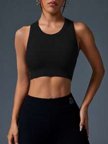 Easithlete Slim Fit Cropped Sports Tank Top, Solid Color - Black - View 6