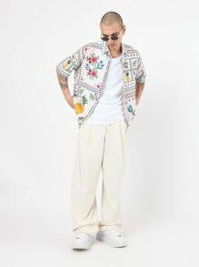SUMWON 热带度假短袖纽扣衬衫花卉菠萝印花夏季度假海滩休闲夏威夷风格轻质领上衣 - 彩色 - 查看 2