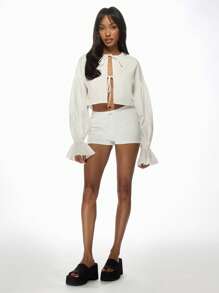 MISSGUIDED 优雅长袖系带衬衫灯笼袖短款上衣办公室工作晚会场合穿着 - 白色 - 查看 4