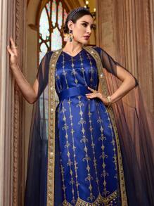 Al Najma 女士网眼长袍连衣裙和阿拉伯风格服装套装 - 藍色 - 查看 1