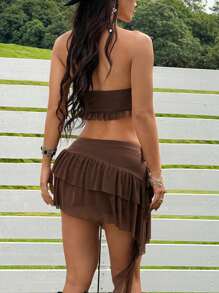 SHEIN EZwear 2pcs/Set Women Solid Color Frill Trim Cropped Tube Top & Mini Skirt Set, Festival Outfit - Brown - View 2