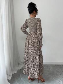 Modelyn 女式超长袖碎花优雅休闲修身松紧腰连衣裙 - 棕色 - 查看 2