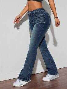 SHEIN ICON Quần Jeans Nữ Ôm Vừa Co Giãn Phong Cách Đường Phố Của Mỹ Màu Xòe Tối Màu - Rửa tối - Xem 1
