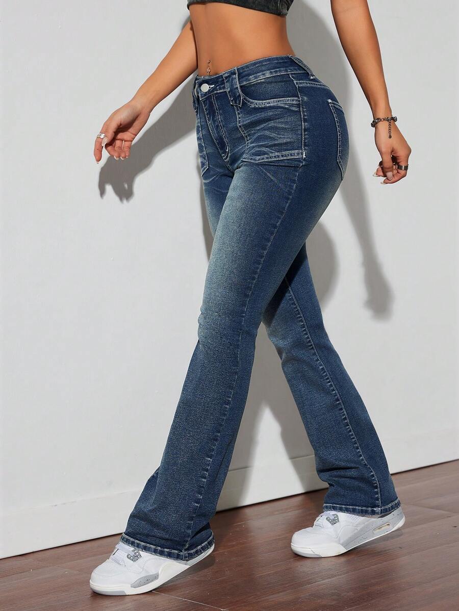 SHEIN ICON Quần Jeans Nữ Ôm Vừa Co Giãn Phong Cách Đường Phố Của Mỹ Màu Xòe Tối Màu - Rửa tối - Xem 1