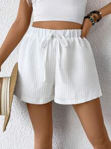 Chiquease Women's White High Waist Tie Belt Loose Wide Leg Textured Shorts