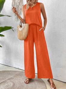 Breezaya Women Solid Color Backless Sleeveless Top And Pants Two Pieces Set - Orange - View 3