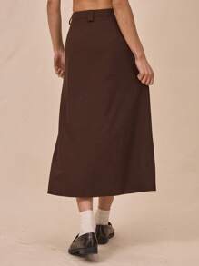 MUSERA 低腰梭织修身褶裥细节腰带环中长裙，夏季优雅款 - 咖啡棕 - 查看 4