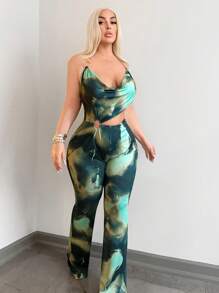 SHEIN SXY Plus Size Women Sexy  Streetwear Gyanu Y2K Bleach Print Plunge Neck Backless Waist Cutout Metallic Ring Romper, Suitable For Everyday Wear, Date Night, Birthday, Bachelorette Party Outfit, Elegant, Casual, Shopping, Streetwear, Going Out, , Easy To Match & Looks Slim, Accentuates Your Body, Flatters The Figure