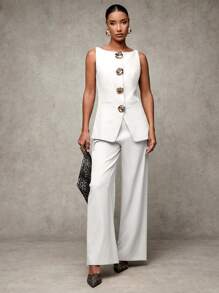SHEIN BAE Women's Elegant Gold Tone 3D Floral Button Sleeveless Jacket And Pants Set In Fall/Winter - White - View 1