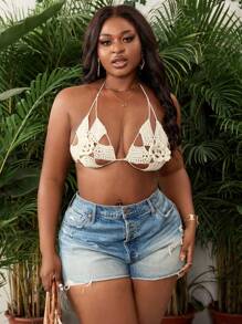 SHEIN Slayr CURVE Plus Size Women's Vacation 3D Crocheted Floral Halter Neck Cover Up Top - White - View 5