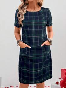 EMERY ROSE Women's Casual Plaid Pattern Double Pocket Short Dress, Spring/Summer - Green - View 5