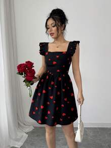 Rafferiza Elegant Random Heart Print Tie Back Backless Cap Sleeve Mini Dress - Red and Black - View 3