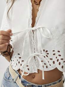 SHEIN LUNE 女士刺绣花卉蕾丝边宽松前系带短上衣