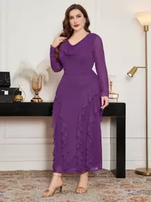 Modelyn Plus Size Elastic Net Fabric Off-Shoulder Ruffle Hem Tight Elegant Dress, Spring/Summer - Red Violet - View 5