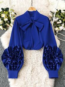 DreamSkyne Court Retro  Plus Size Black 3D Floral Contrast Color Long Sleeve Shirt - Blue - View 1