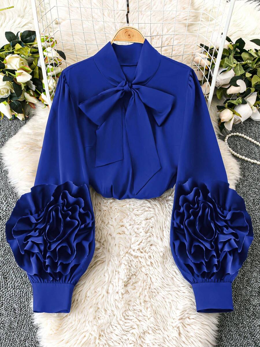 DreamSkyne Court Retro  Plus Size Black 3D Floral Contrast Color Long Sleeve Shirt - Blue - View 1