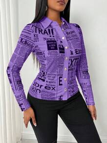SHEIN LUNE Áo sơ mi bó sát in hình báo thời trang nữ - Màu tím - Xem 6