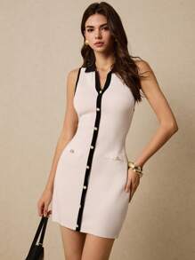 Poéselle Women's Single-Breasted Color Block Lapel Sleeveless Fitted Knit Dress